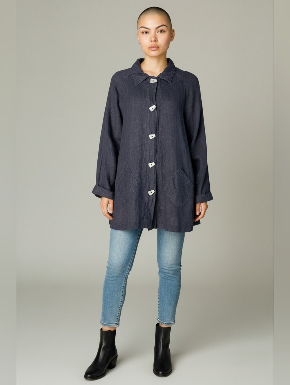 J Jill Linen Longline Brutalist Jacket M Black Relaxed Lagenlook Patch Pockets